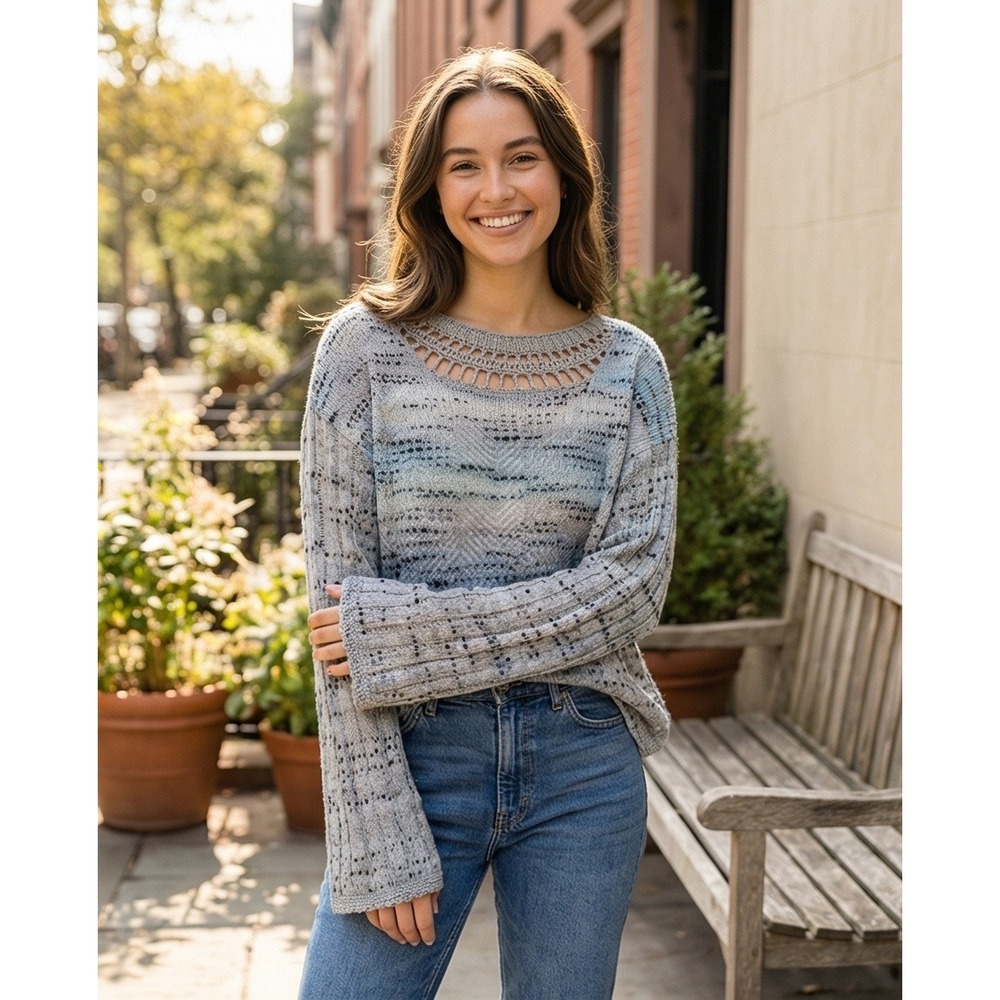 Free People S Blue Moon Crochet‎ Neck Open Knit Sweater Gray Blue Small NWT